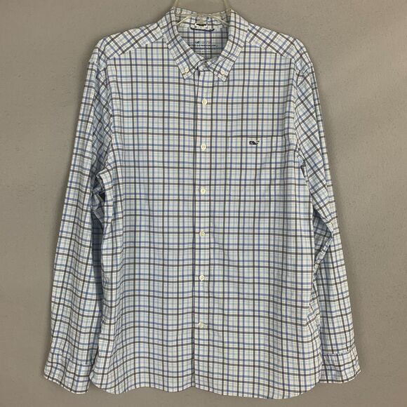 Vineyard Vines On-The-Go Performance Shirt Men’s Large Blue White Plaid Button - Picture 1 of 8